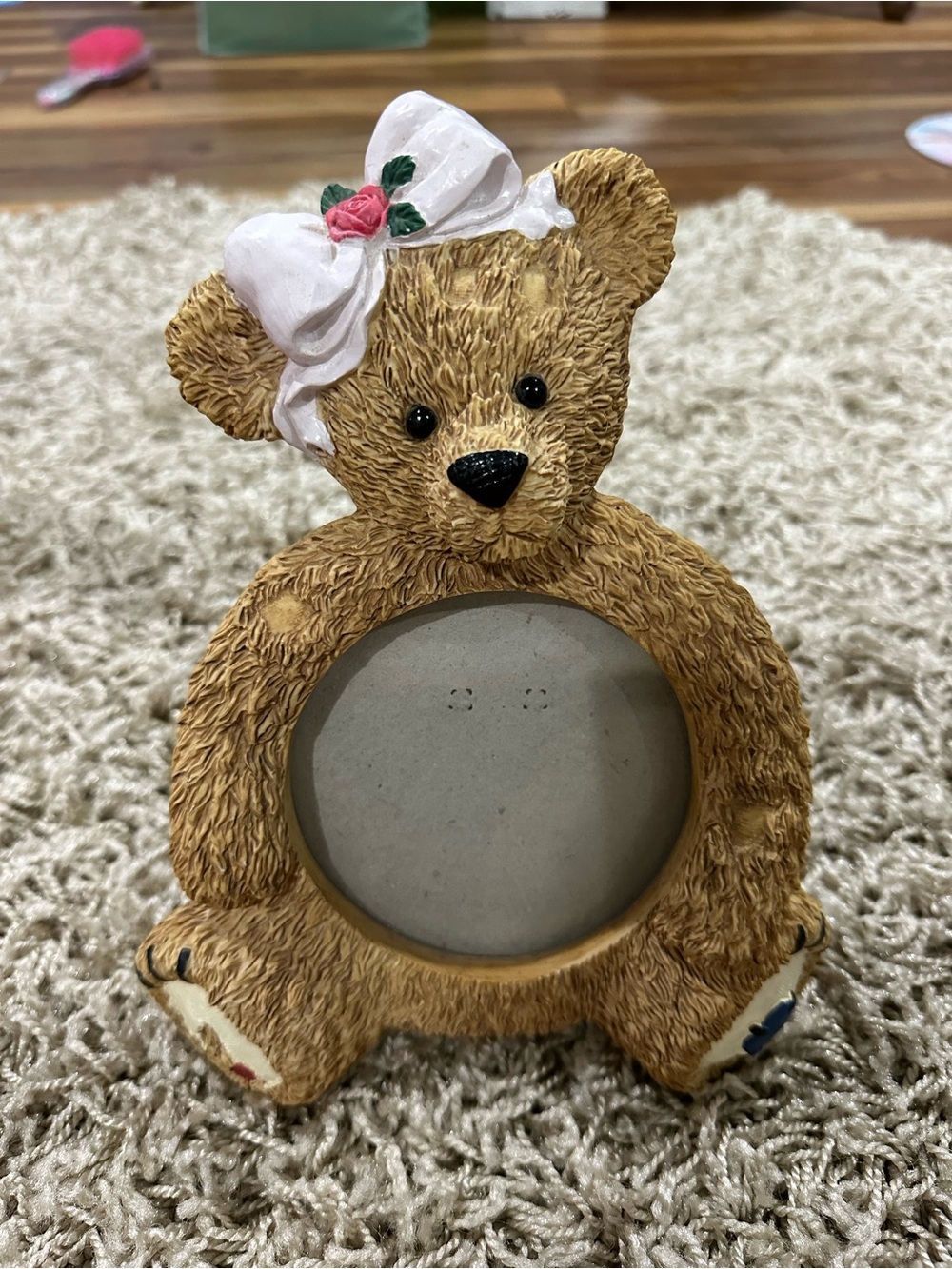 Teddy Bear Resin Photo Frame 4x4 Freestanding Rear-Loading Brown/White w Bow